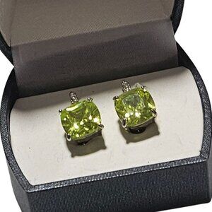 Elegant Cushion Cut Green Gemstone Earrings Pave Accent Fashion Jewelry Gift Box